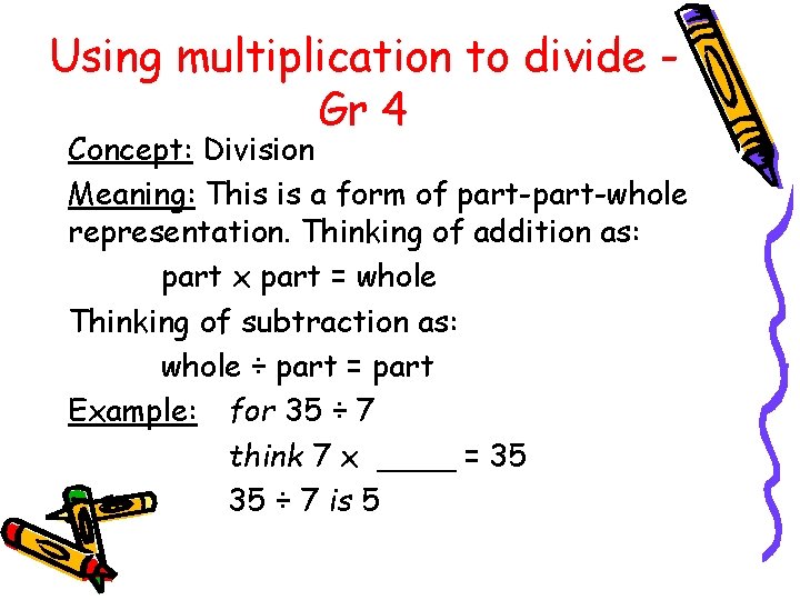 Using multiplication to divide Gr 4 Concept: Division Meaning: This is a form of