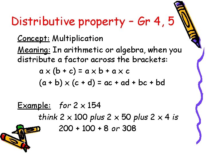 Distributive property – Gr 4, 5 Concept: Multiplication Meaning: In arithmetic or algebra, when