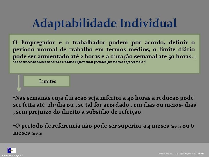 Adaptabilidade Individual O Empregador e o trabalhador podem por acordo, definir o período normal