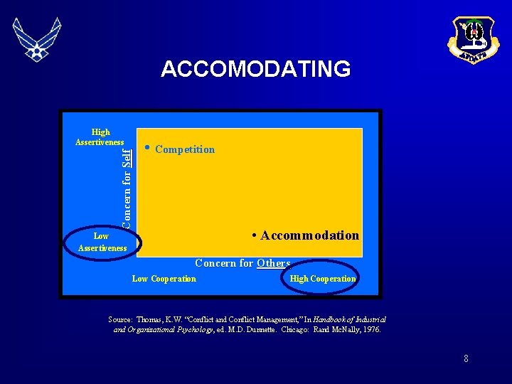 ACCOMODATING High Assertiveness Concern for Self • Competition • Accommodation Low Assertiveness Concern for