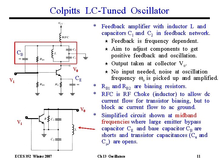 Colpitts LC-Tuned Oscillator CB V 0 CE Vi V 0 Vi ECES 352 Winter