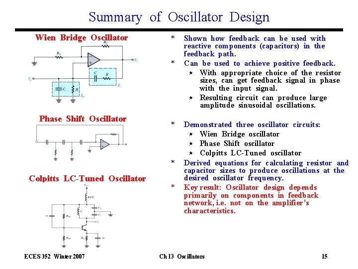 Summary of Oscillator Design Wien Bridge Oscillator * * Phase Shift Oscillator * *