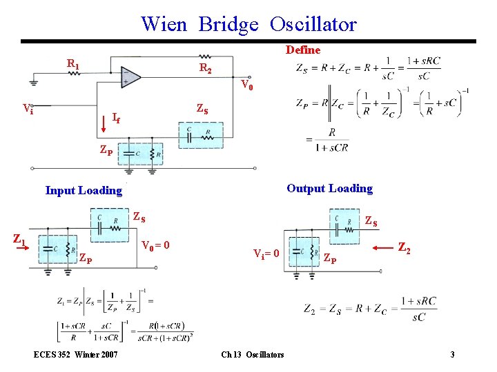 Wien Bridge Oscillator Define R 1 R 2 V 0 Vi ZS If ZP