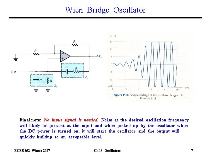 Wien Bridge Oscillator Final note: No input signal is needed. Noise at the desired