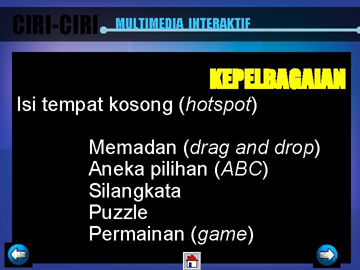 CIRI-CIRI MULTIMEDIA INTERAKTIF KEPELBAGAIAN Isi tempat kosong (hotspot) Memadan (drag and drop) Aneka pilihan