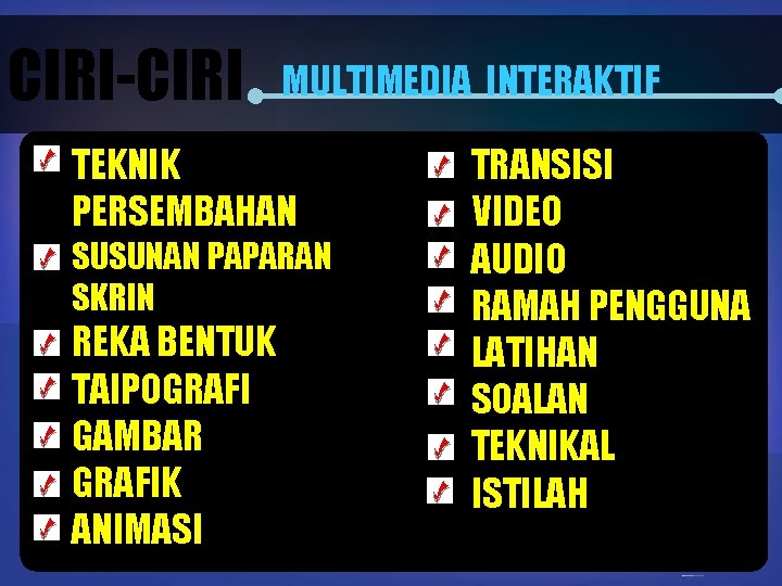 CIRI-CIRI MULTIMEDIA INTERAKTIF TEKNIK PERSEMBAHAN SUSUNAN PAPARAN SKRIN REKA BENTUK TAIPOGRAFI GAMBAR GRAFIK ANIMASI