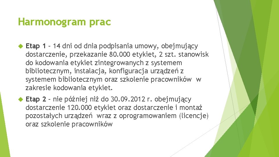 Harmonogram prac Etap 1 – 14 dni od dnia podpisania umowy, obejmujący dostarczenie, przekazanie