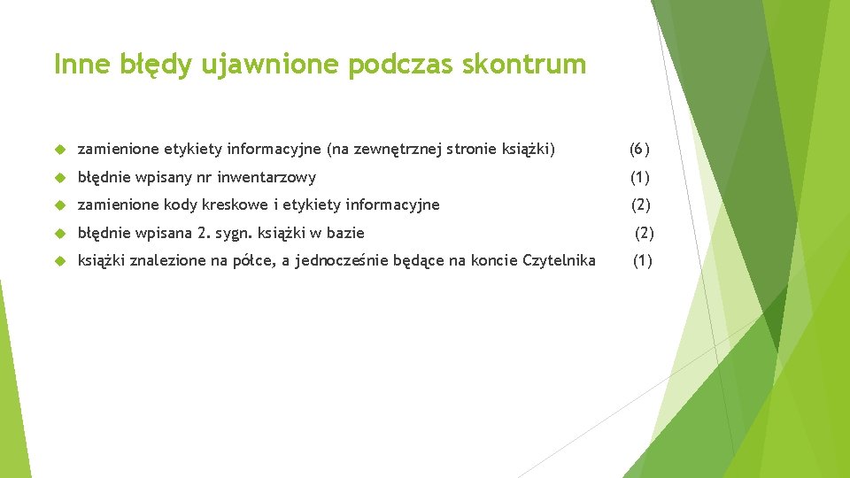 Inne błędy ujawnione podczas skontrum zamienione etykiety informacyjne (na zewnętrznej stronie książki) (6) błędnie