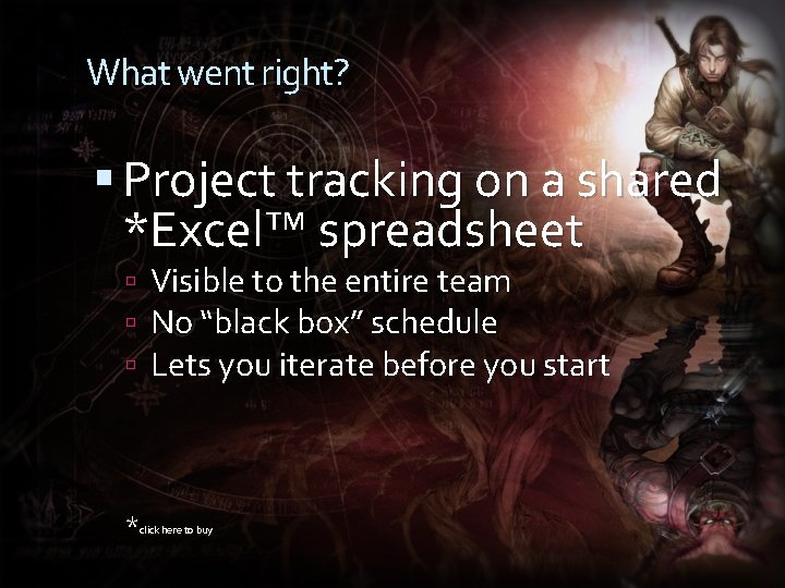 What went right? Project tracking on a shared *Excel™ spreadsheet Visible to the entire