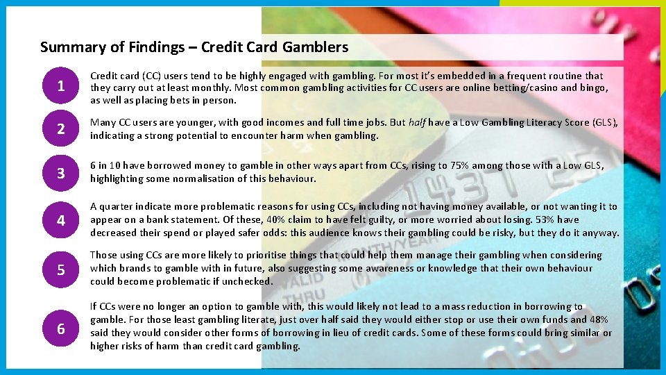 Summary of Findings – Credit Card Gamblers 1 Credit card (CC) users tend to