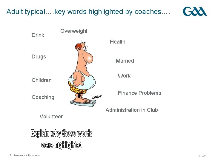 Adult typical…. key words highlighted by coaches…. Drink Overweight Health Drugs Children Coaching Married