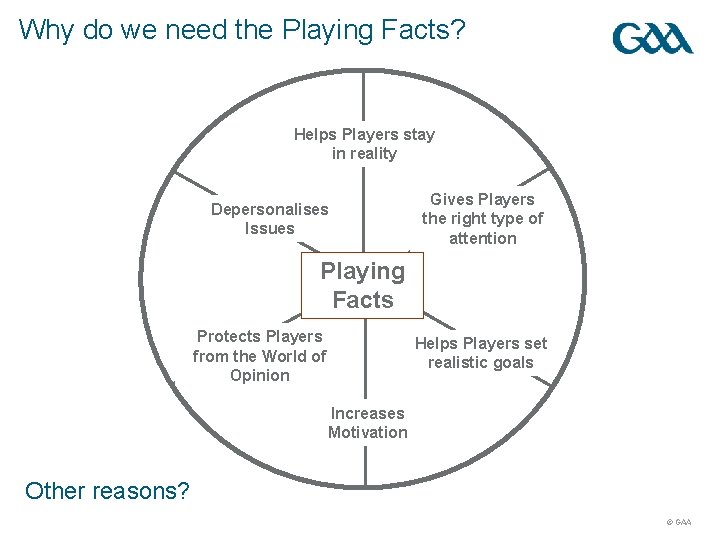 Why do we need the Playing Facts? Helps Players stay in reality Depersonalises Issues
