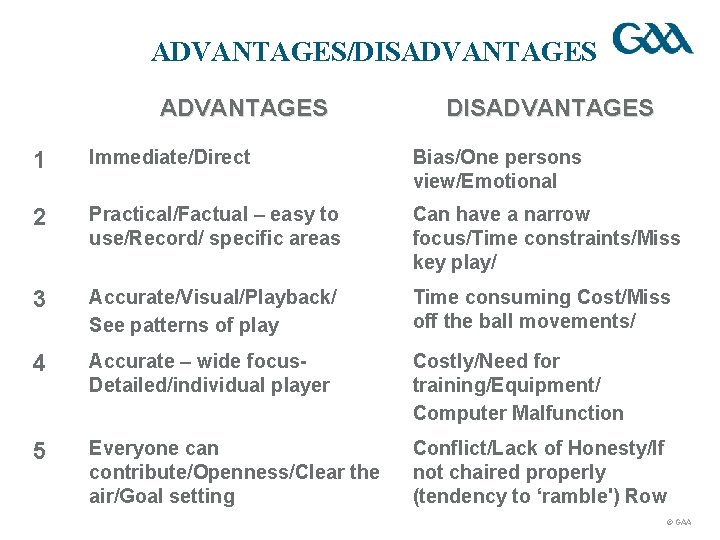 ADVANTAGES/DISADVANTAGES 1 Immediate/Direct Bias/One persons view/Emotional 2 Practical/Factual – easy to use/Record/ specific areas