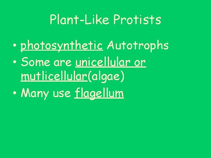 Plant-Like Protists • photosynthetic Autotrophs • Some are unicellular or mutlicellular(algae) • Many use