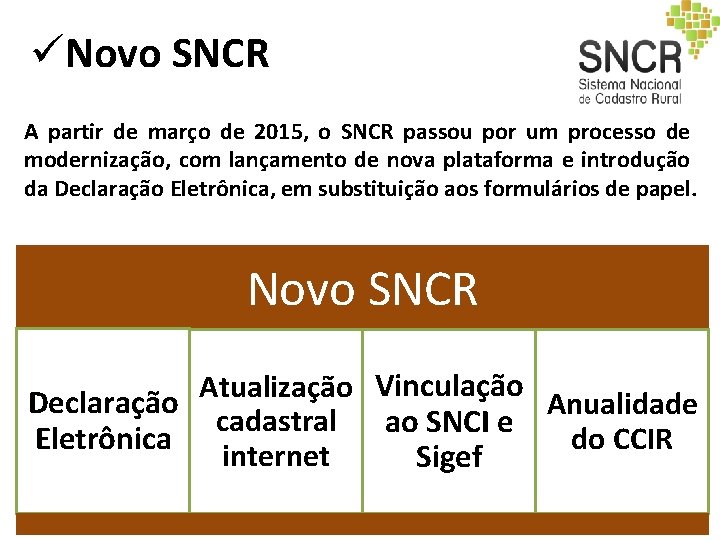 üNovo SNCR A partir de março de 2015, o SNCR passou por um processo üNovo SNCR A partir de março de 2015, o SNCR passou por um processo