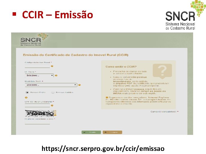 § CCIR – Emissão https: //sncr. serpro. gov. br/ccir/emissao § CCIR – Emissão https: //sncr. serpro. gov. br/ccir/emissao