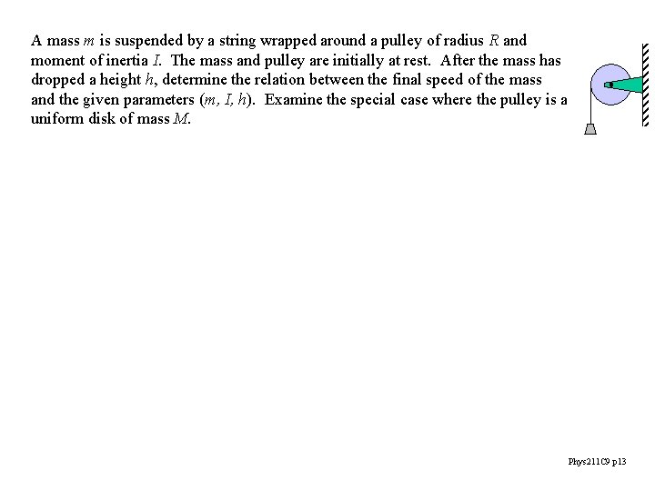 A mass m is suspended by a string wrapped around a pulley of radius