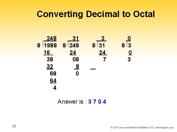 Converting Decimal to Octal 248 31 3 0 8 1988 8 248 8 31