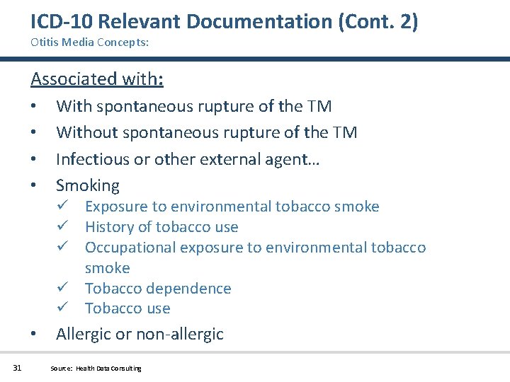 ICD-10 Relevant Documentation (Cont. 2) Otitis Media Concepts: Associated with: • • With spontaneous