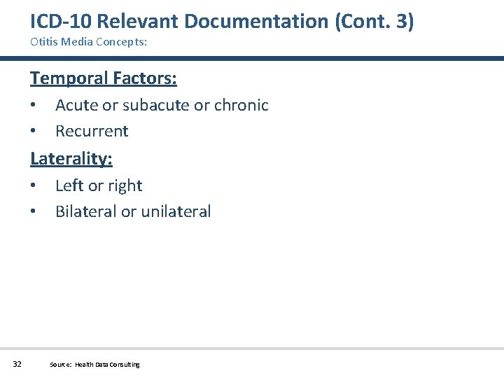 ICD-10 Relevant Documentation (Cont. 3) Otitis Media Concepts: Temporal Factors: • • Acute or