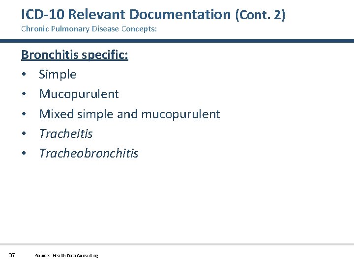 ICD-10 Relevant Documentation (Cont. 2) Chronic Pulmonary Disease Concepts: Bronchitis specific: • Simple •