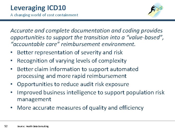 Leveraging ICD 10 A changing world of cost containment Accurate and complete documentation and