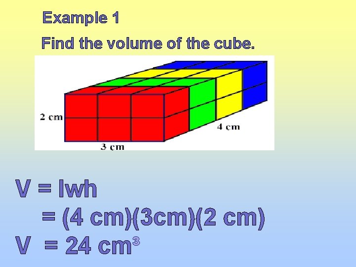 Example 1 Find the volume of the cube. V = lwh = (4 cm)(3