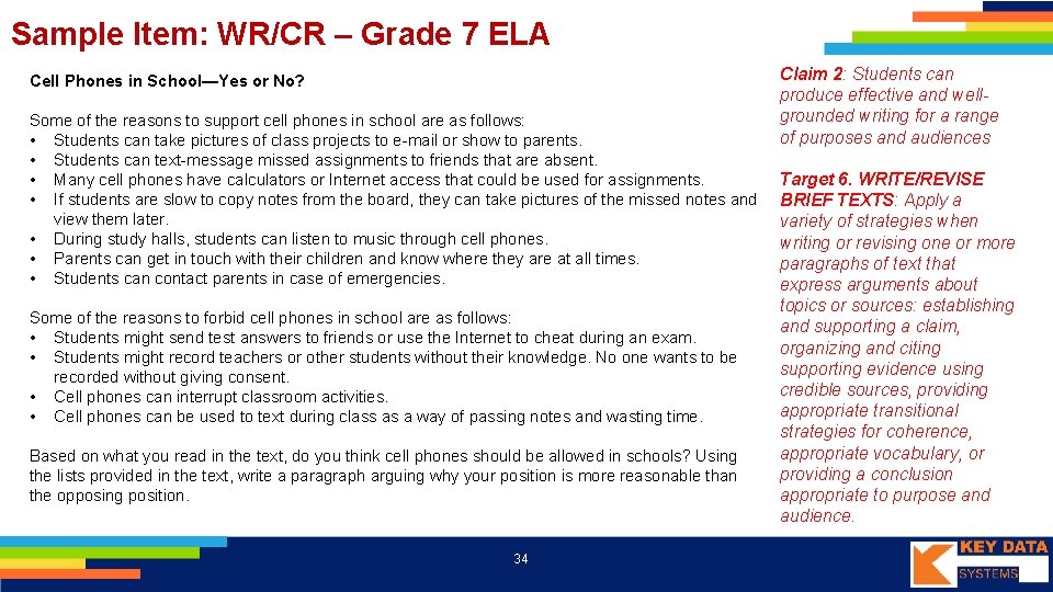 Sample Item: WR/CR – Grade 7 ELA Cell Phones in School—Yes or No? Some