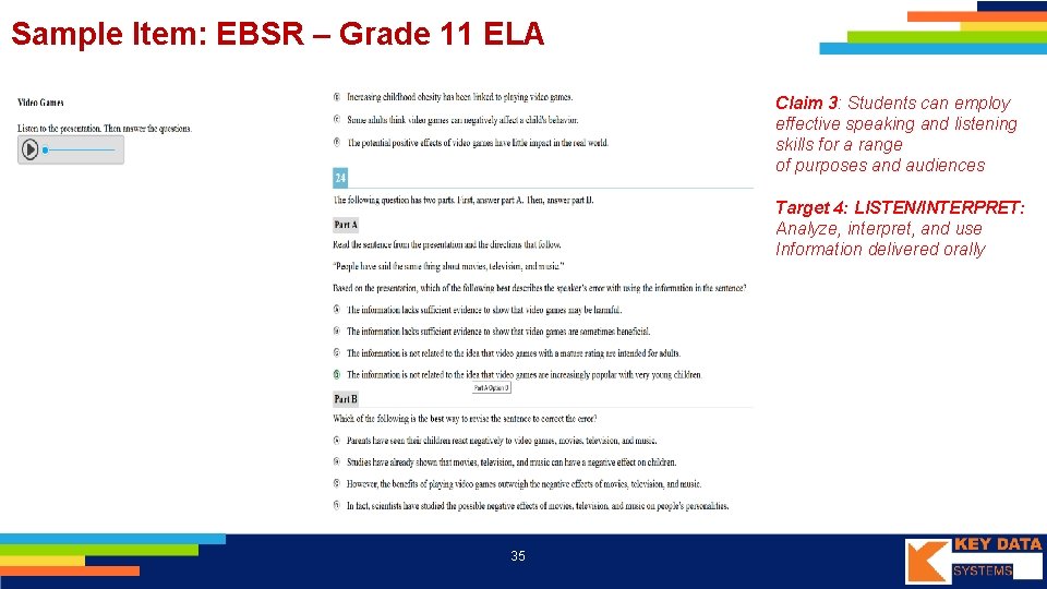 Sample Item: EBSR – Grade 11 ELA Claim 3: Students can employ effective speaking