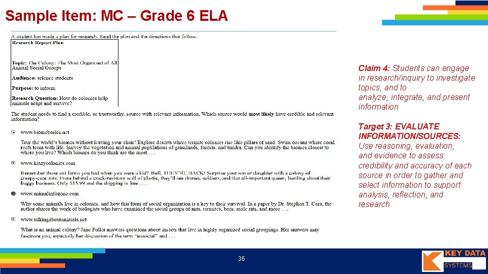 Sample Item: MC – Grade 6 ELA Claim 4: Students can engage in research/inquiry