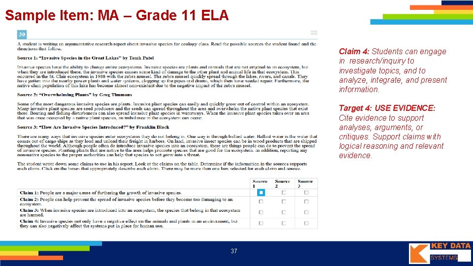 Sample Item: MA – Grade 11 ELA Claim 4: Students can engage in research/inquiry