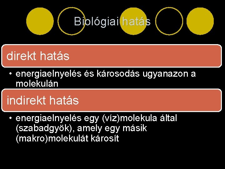 Biológiai hatás direkt hatás • energiaelnyelés és károsodás ugyanazon a molekulán indirekt hatás •