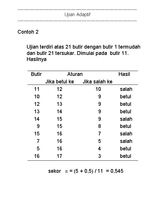 ---------------------------------------Ujian Adaptif --------------------------------------- Contoh 2 Ujian terdiri atas 21 butir dengan butir 1 termudah