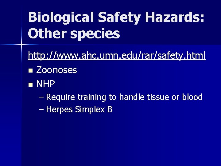 Biological Safety Hazards: Other species http: //www. ahc. umn. edu/rar/safety. html n Zoonoses n