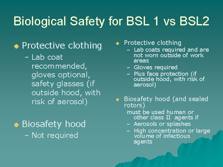 Biological Safety for BSL 1 vs BSL 2 u Protective clothing – Lab coat