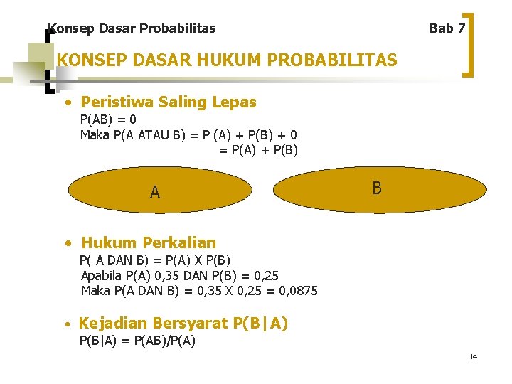 Konsep Dasar Probabilitas Bab 7 KONSEP DASAR HUKUM PROBABILITAS • Peristiwa Saling Lepas P(AB)