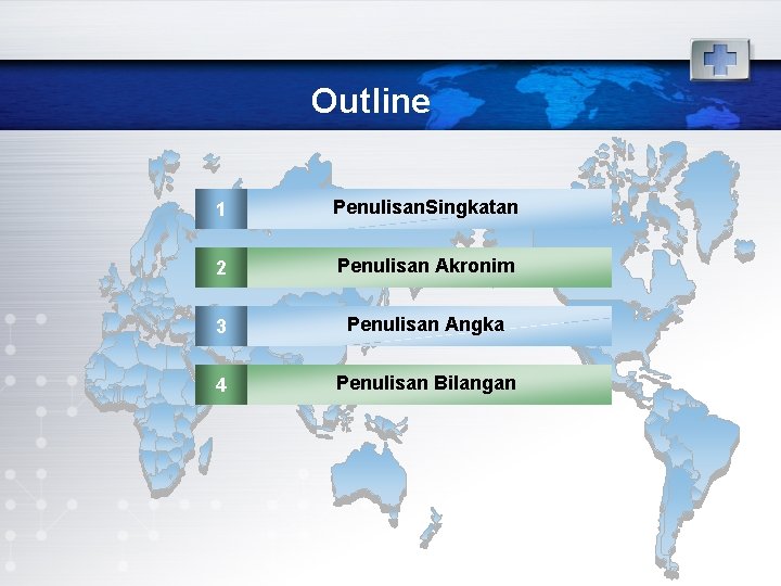 Outline 1 Penulisan. Singkatan 2 Penulisan Akronim 3 Penulisan Angka 4 Penulisan Bilangan 