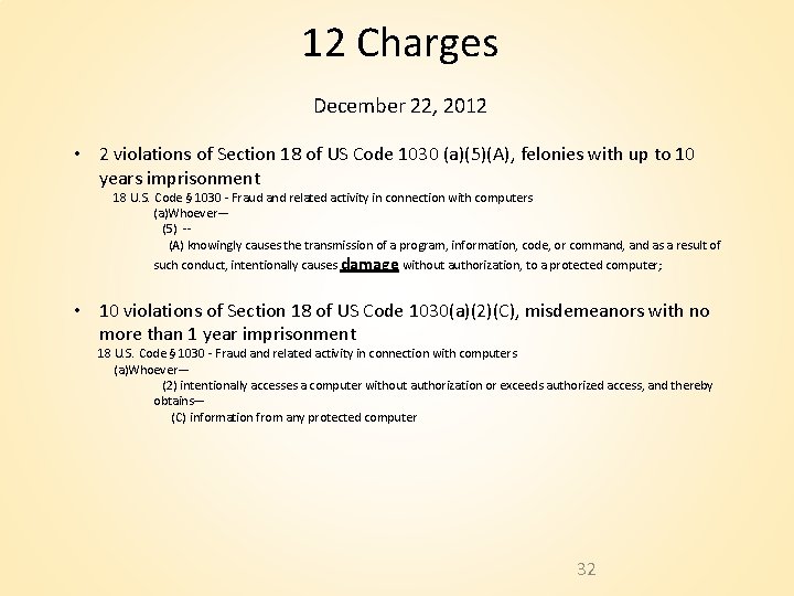12 Charges December 22, 2012 • 2 violations of Section 18 of US Code 12 Charges December 22, 2012 • 2 violations of Section 18 of US Code