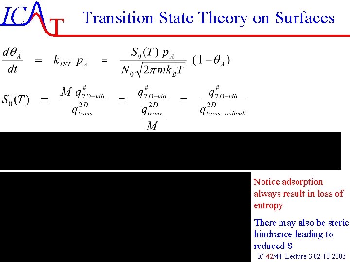IC T Transition State Theory on Surfaces Notice adsorption always result in loss of