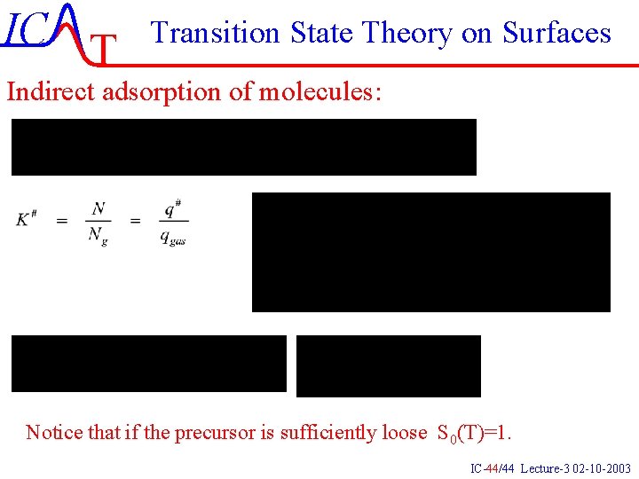 IC T Transition State Theory on Surfaces Indirect adsorption of molecules: Notice that if