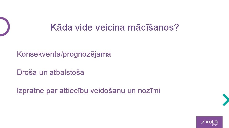 Kāda vide veicina mācīšanos? Konsekventa/prognozējama Droša un atbalstoša Izpratne par attiecību veidošanu un nozīmi