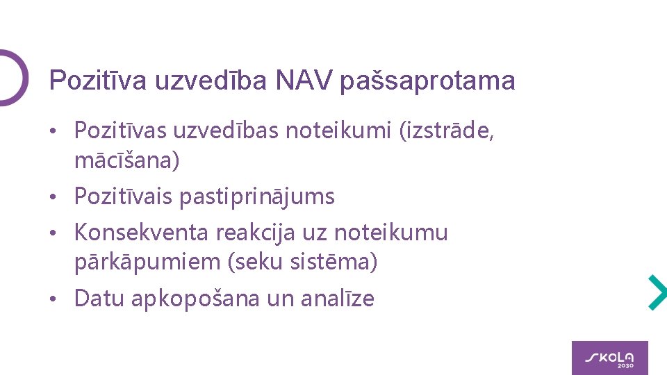 Pozitīva uzvedība NAV pašsaprotama • Pozitīvas uzvedības noteikumi (izstrāde, mācīšana) • Pozitīvais pastiprinājums •