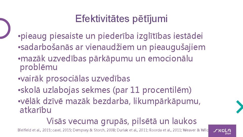 Efektivitātes pētījumi • pieaug piesaiste un piederība izglītības iestādei • sadarbošanās ar vienaudžiem un