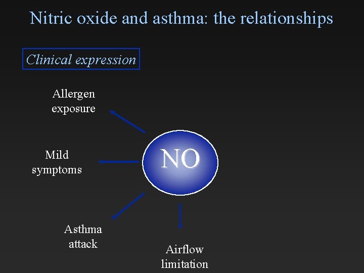 Nitric oxide and asthma: the relationships Clinical expression Allergen exposure Mild symptoms Asthma attack