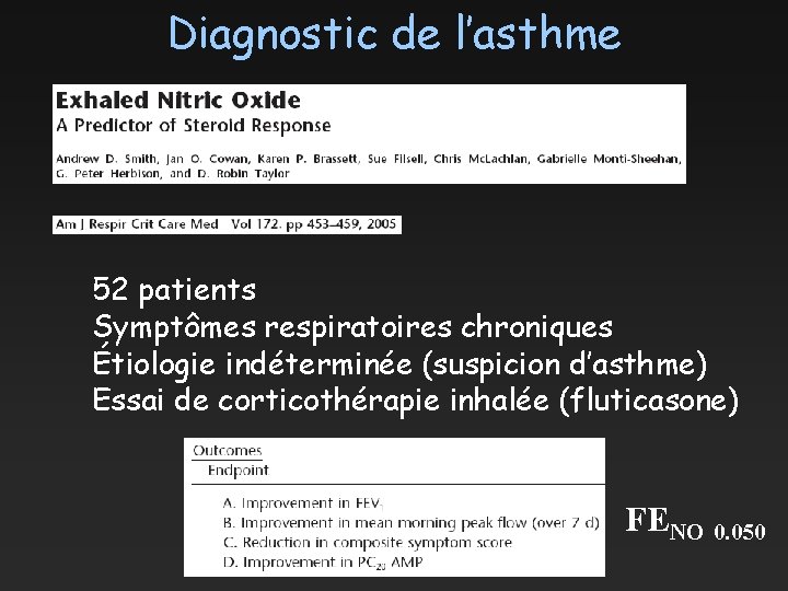 Diagnostic de l’asthme 52 patients Symptômes respiratoires chroniques Étiologie indéterminée (suspicion d’asthme) Essai de