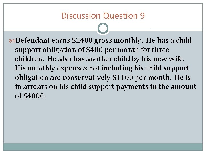 Discussion Question 9 Defendant earns $1400 gross monthly. He has a child support obligation