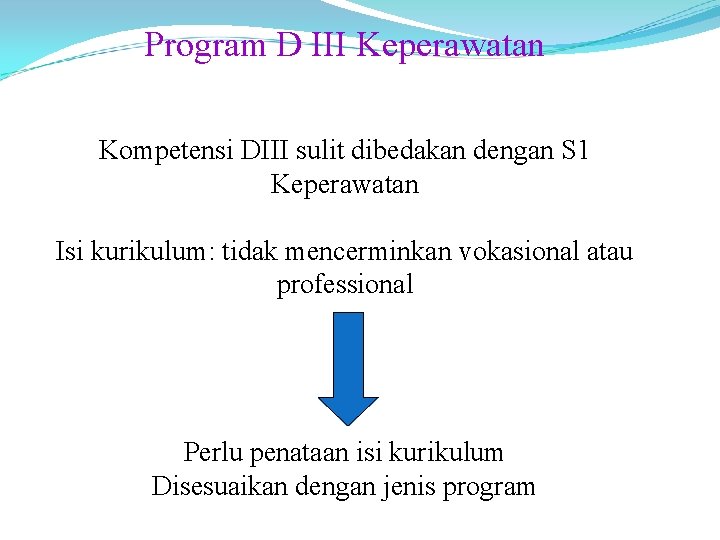 Program D III Keperawatan Kompetensi DIII sulit dibedakan dengan S 1 Keperawatan Isi kurikulum: