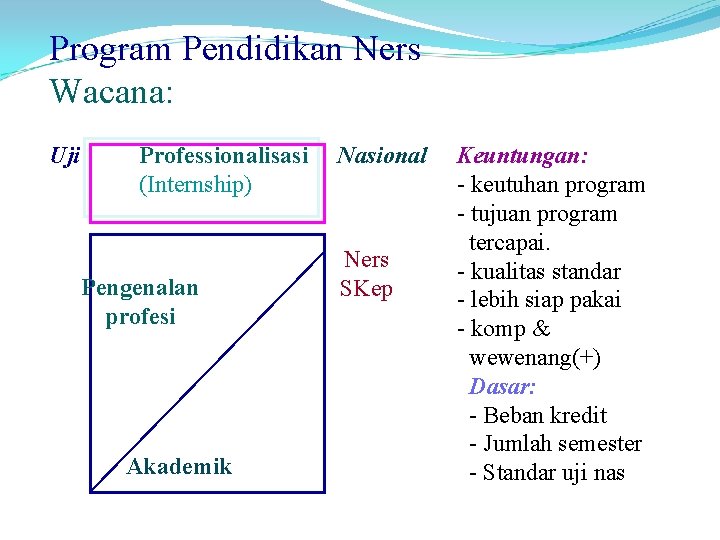 Program Pendidikan Ners Wacana: Uji Professionalisasi (Internship) Pengenalan profesi Akademik Nasional Ners SKep Keuntungan: