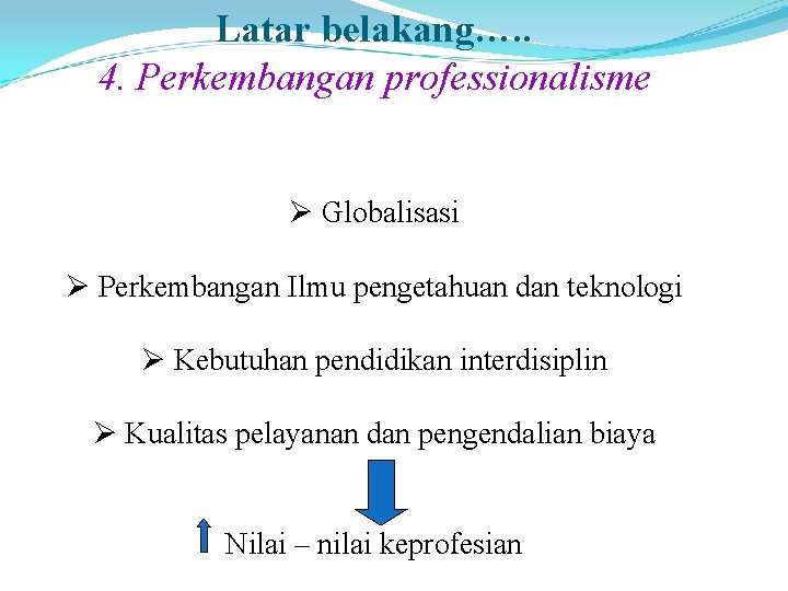 Latar belakang…. . 4. Perkembangan professionalisme Ø Globalisasi Ø Perkembangan Ilmu pengetahuan dan teknologi