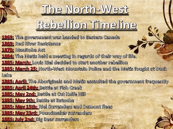 The North-West Rebellion Timeline 1869: The government was handed to Eastern Canada 1869: Red